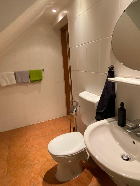 Badezimmer mit WC und Handtüchern